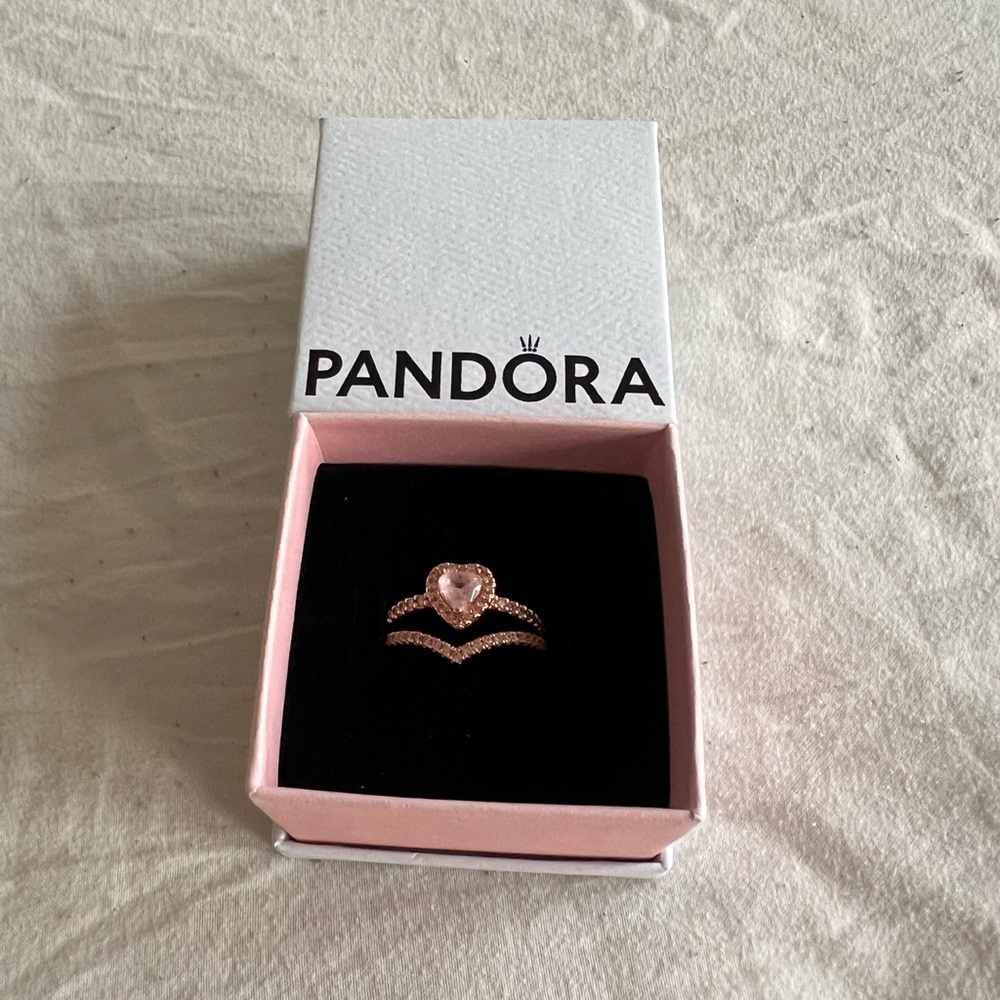 Pandora Rose Gold Heart Stackable Ring Set With P… - image 1